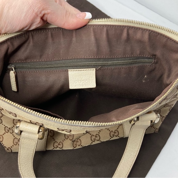 Authentic GUCCI Abbey Tote Tan GG Canvas & Beige Cream Leather - Picture 13 of 16